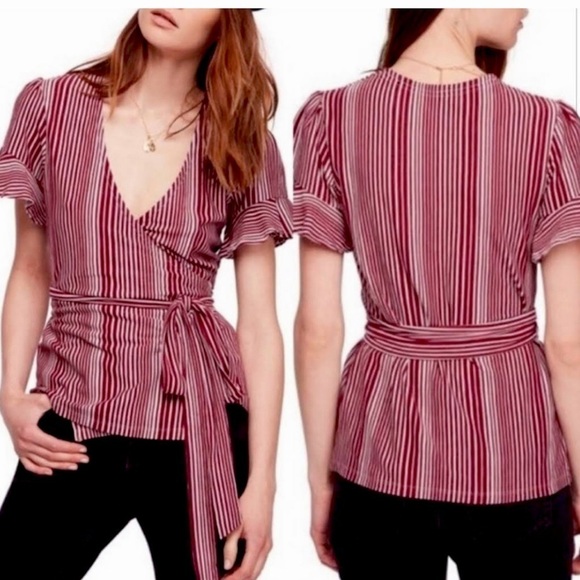 Free People Cache Coeur Top Maroon Red Gray Stripe Bell Sleeve Festive Sz Small - Picture 1 of 8